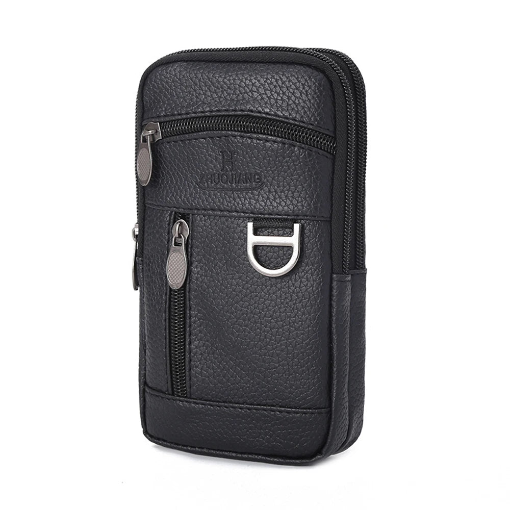 Men Waist Bag Mobile Phone Bag Outdoor PU Leather Wearable Belt Sports Waterproof Small Hanging Bag Business Leisure Coin Purse