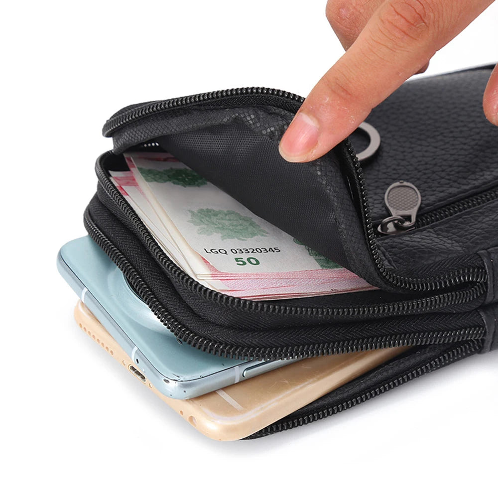 Men Waist Bag Mobile Phone Bag Outdoor PU Leather Wearable Belt Sports Waterproof Small Hanging Bag Business Leisure Coin Purse