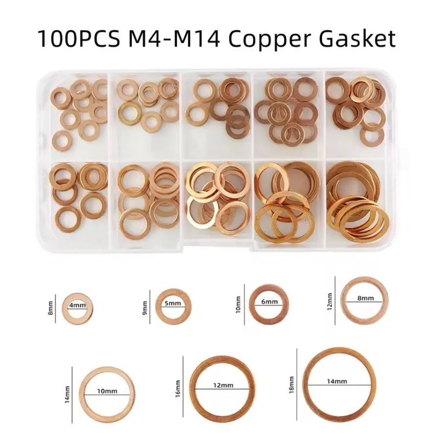 Copper Washer Gasket Nut and Bolt Set Flat Ring Seal Assortment Kit with Box //M8/M10/M12/M14 for Sump Plugs