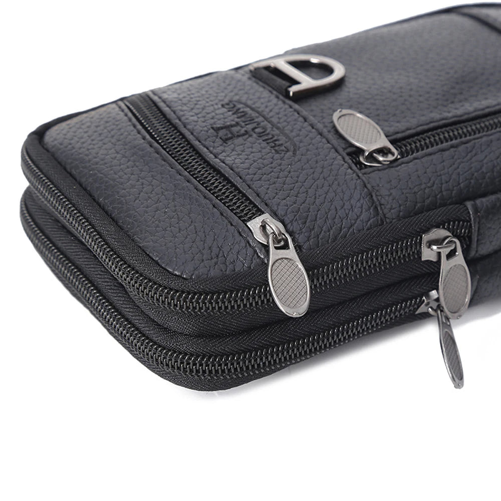 Men Waist Bag Mobile Phone Bag Outdoor PU Leather Wearable Belt Sports Waterproof Small Hanging Bag Business Leisure Coin Purse