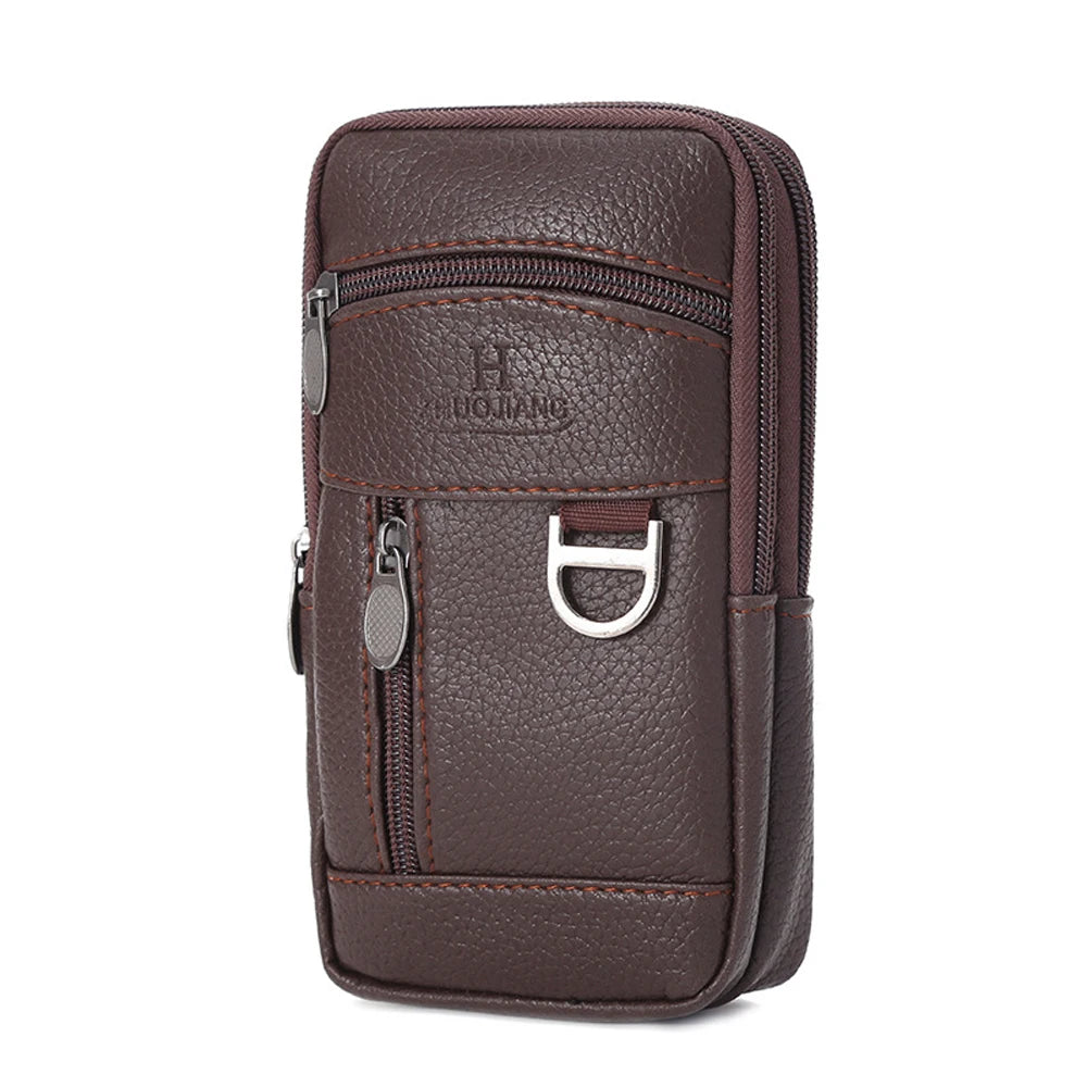 Men Waist Bag Mobile Phone Bag Outdoor PU Leather Wearable Belt Sports Waterproof Small Hanging Bag Business Leisure Coin Purse