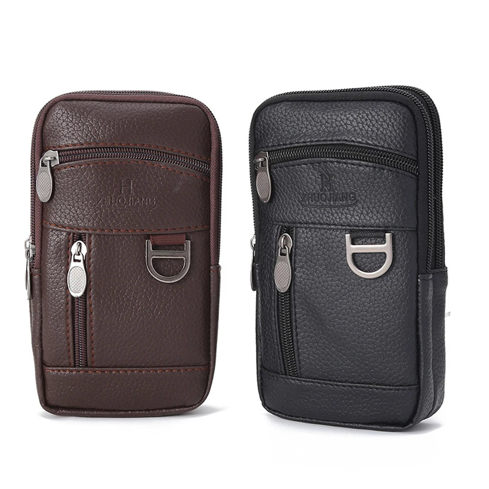 Men Waist Bag Mobile Phone Bag Outdoor PU Leather Wearable Belt Sports Waterproof Small Hanging Bag Business Leisure Coin Purse