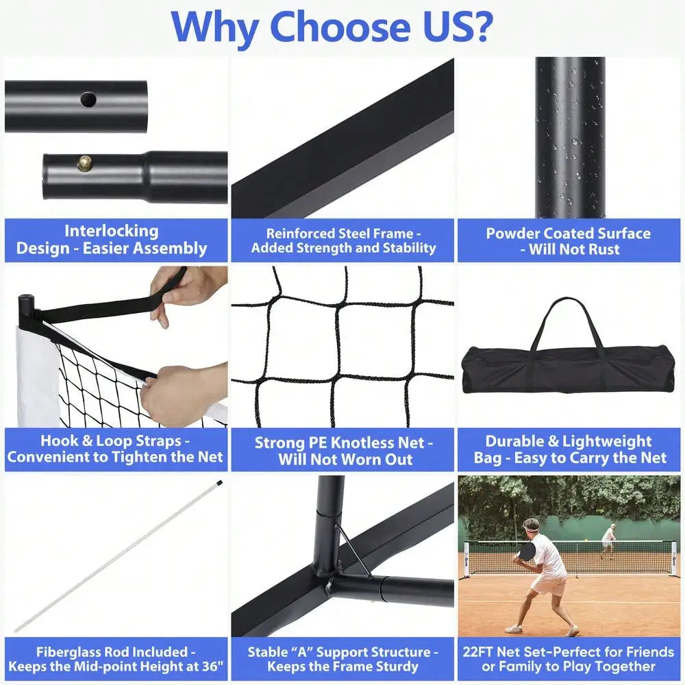 Portable 22FT Pickleball Tennis Net For Outdoor Nylon Sports W/Carry Bag Metal