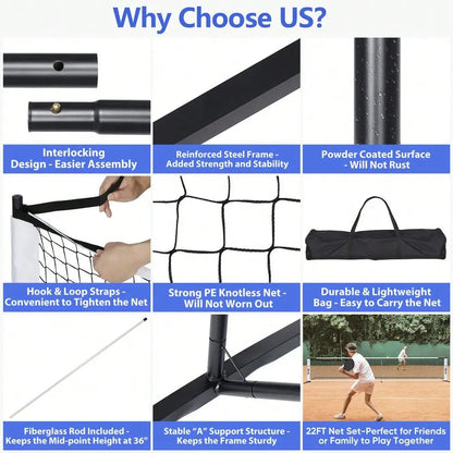 Portable 22FT Pickleball Tennis Net For Outdoor Nylon Sports W/Carry Bag Metal