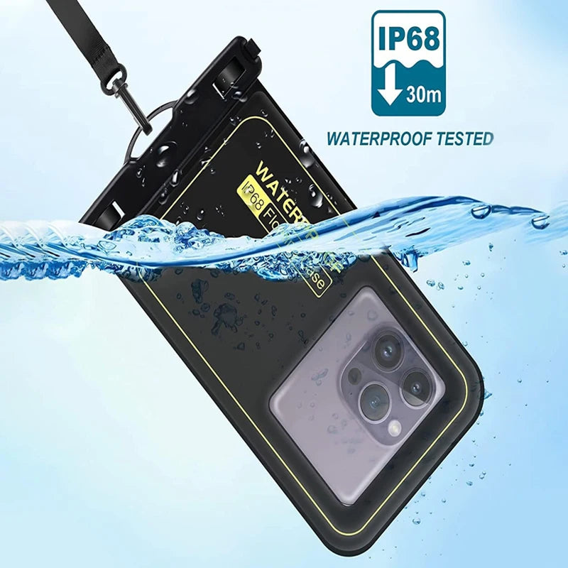 Floating Airbag IP68 Waterproof Swimming Sports Bag Pouch Phone Case Touch Screen & Strap For iPhone Samsung 6.8" Mobile Phone