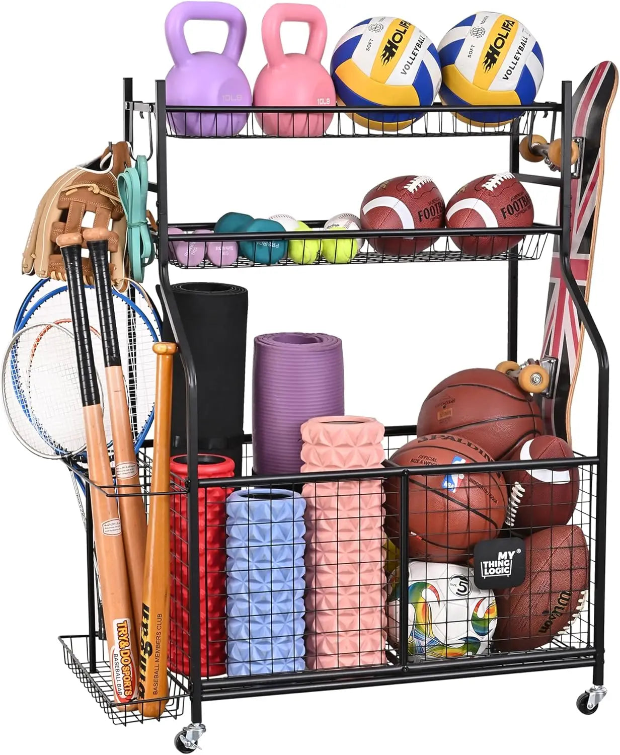 Sports equipment garage organizer, roller ball cart with wheels for indoor/outdoor use