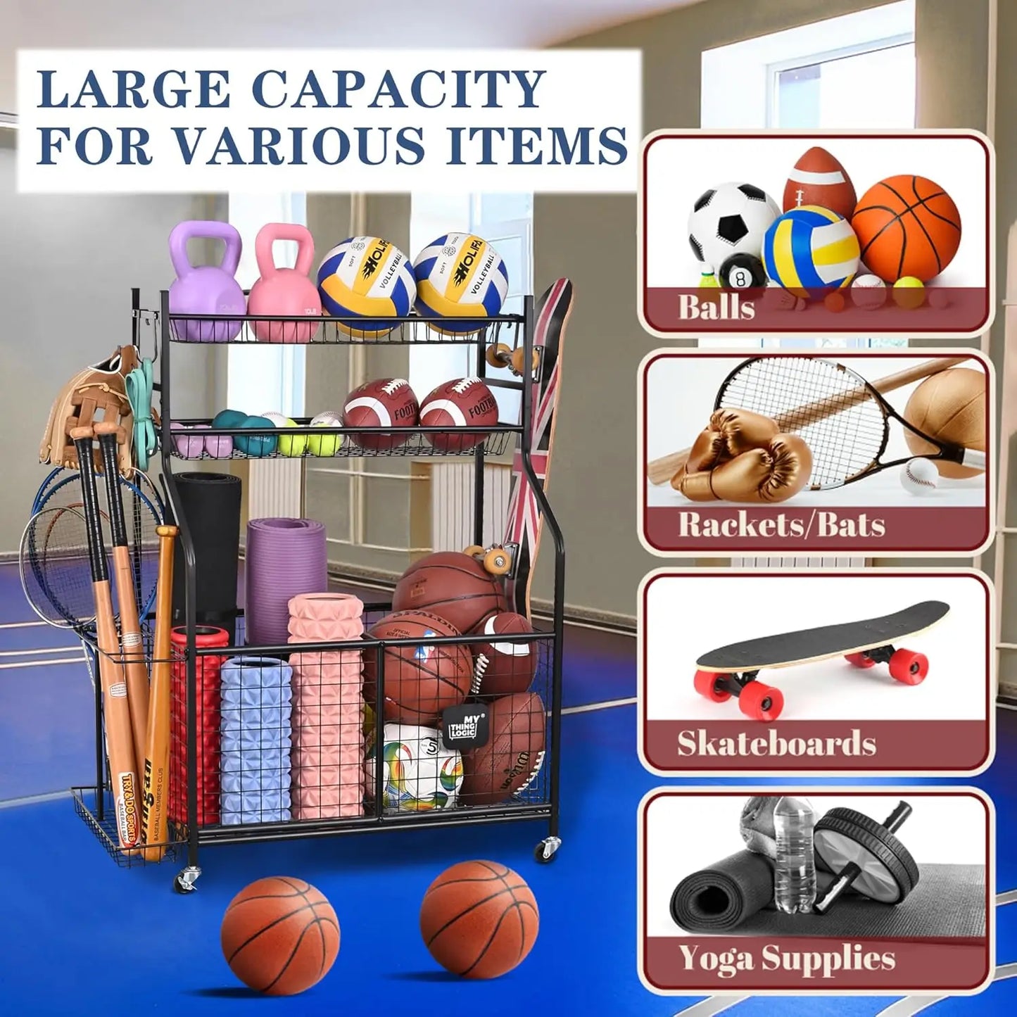 Sports equipment garage organizer, roller ball cart with wheels for indoor/outdoor use